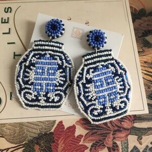 Blue and White Beaded Earrings chinoiserie jar Beth Ladd